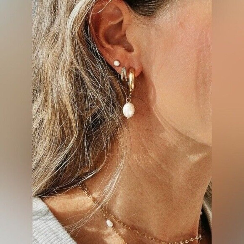 Dainty Double Huggies 18K Gold 925 Sterling Silver Double Turquoise Huggies CUTE - Picture 8 of 10